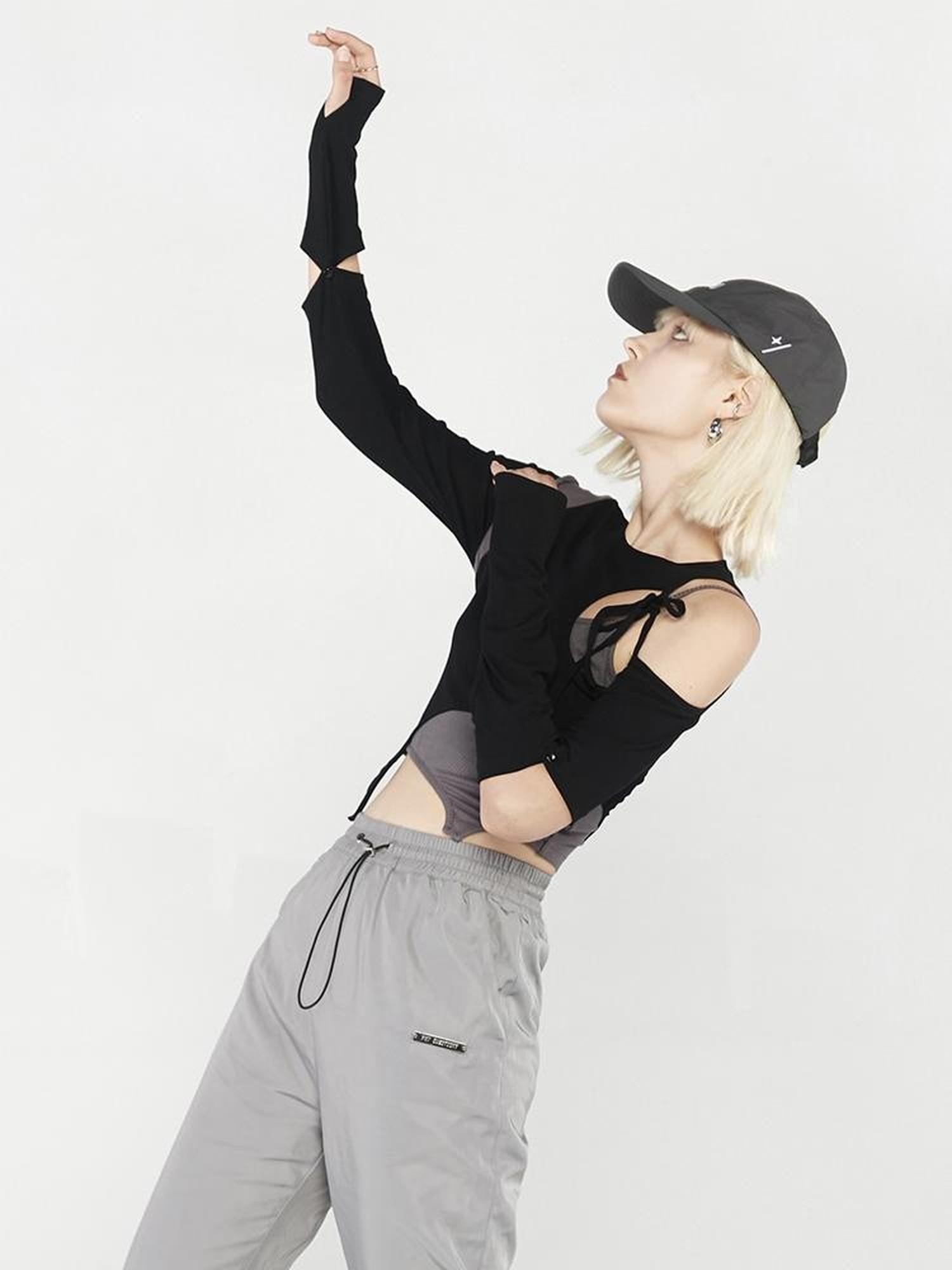 ANYQUESTION Black Gray Deconstructed Tie Detachable Slim Knit Women&