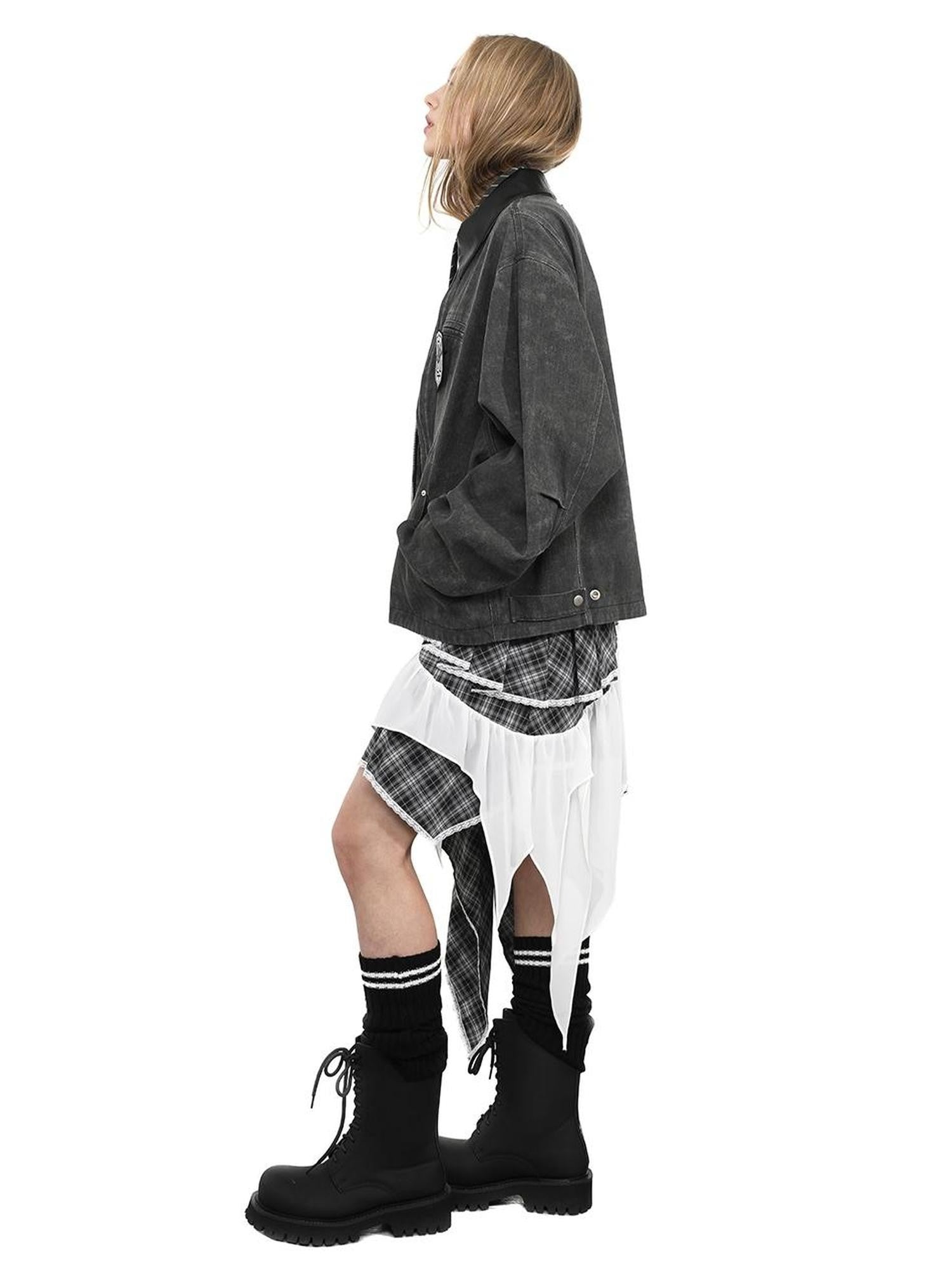 ANYQUESTION Black Gray Distressed Twill Leather Collar Women&