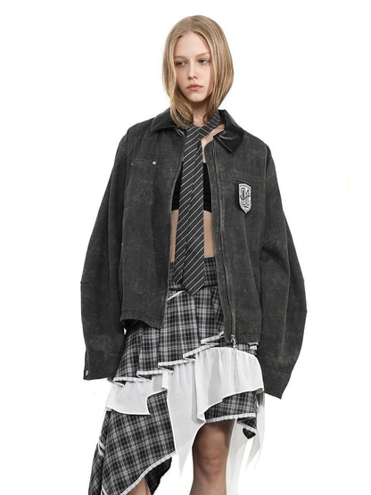 ANYQUESTION Black Gray Distressed Twill Leather Collar Women&