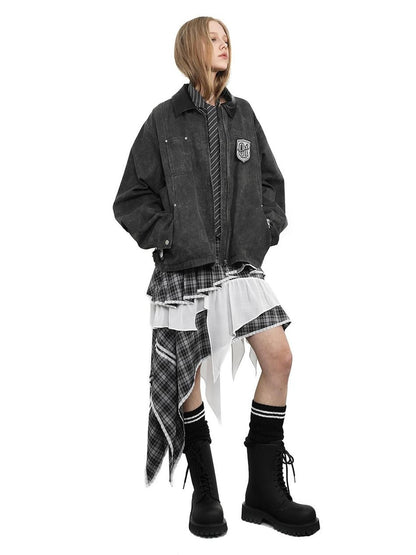 ANYQUESTION Black Gray Distressed Twill Leather Collar Women&