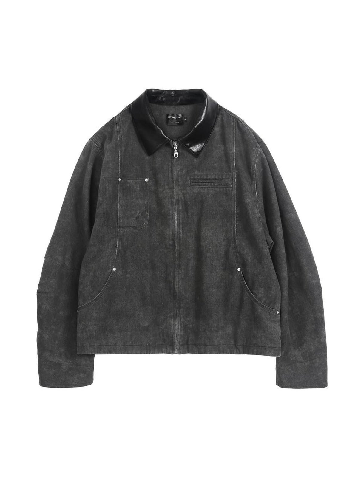 ANYQUESTION Black Gray Distressed Twill Leather Collar Women&