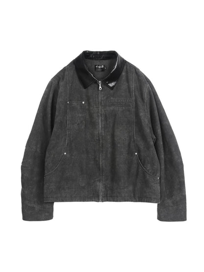 ANYQUESTION Black Gray Distressed Twill Leather Collar Women&