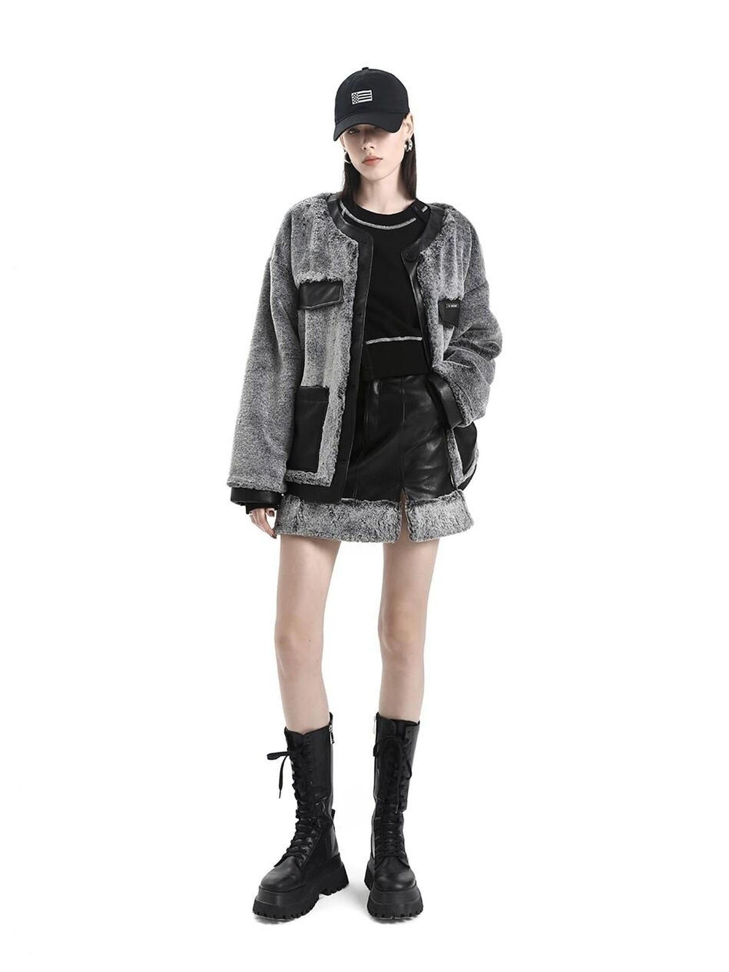 ANYQUESTION Black Gray Fur Panel Slit High Waist Women&