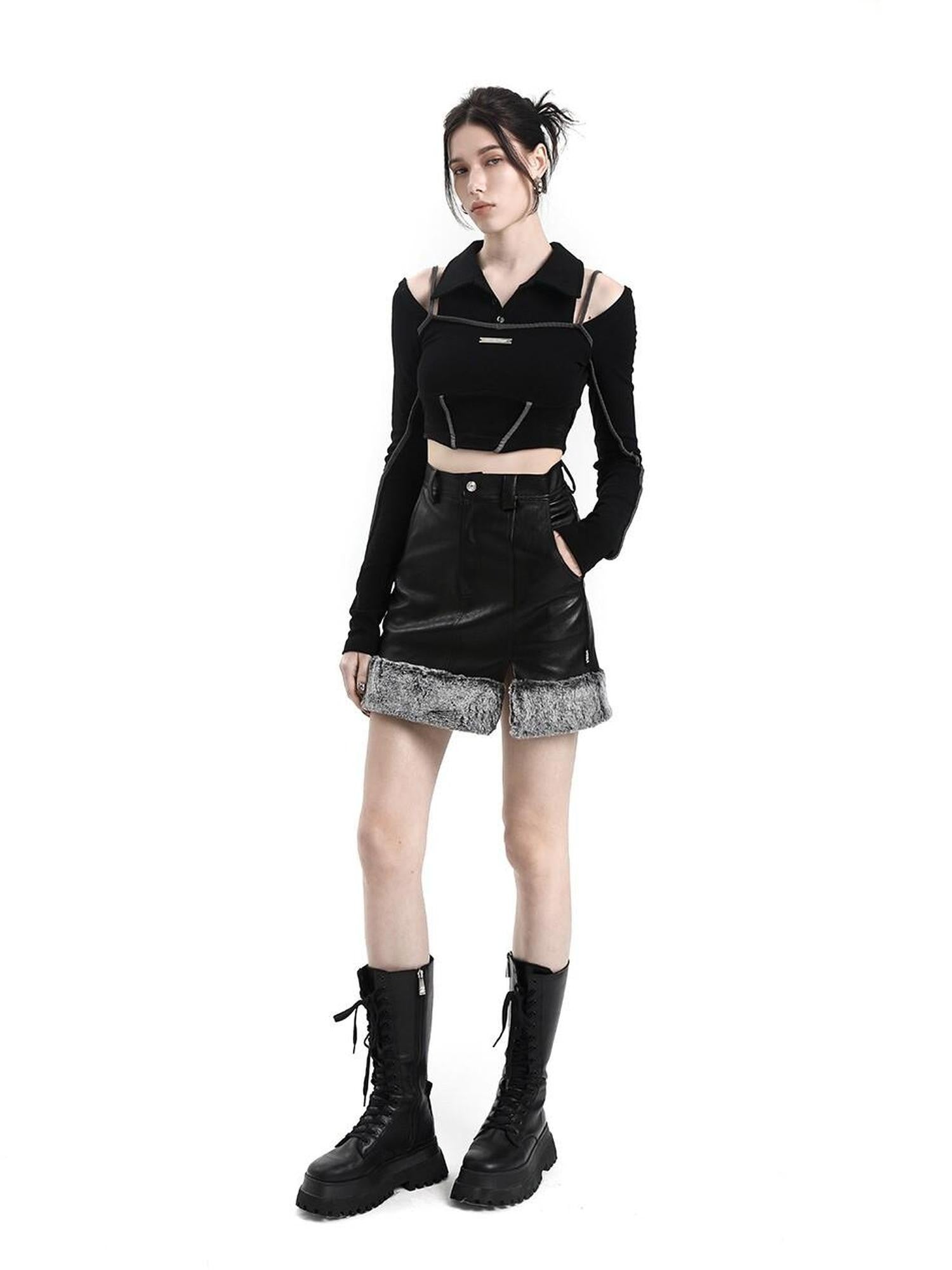 ANYQUESTION Black Gray Fur Panel Slit High Waist Women&