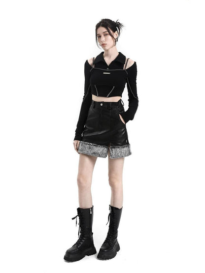 ANYQUESTION Black Gray Fur Panel Slit High Waist Women&