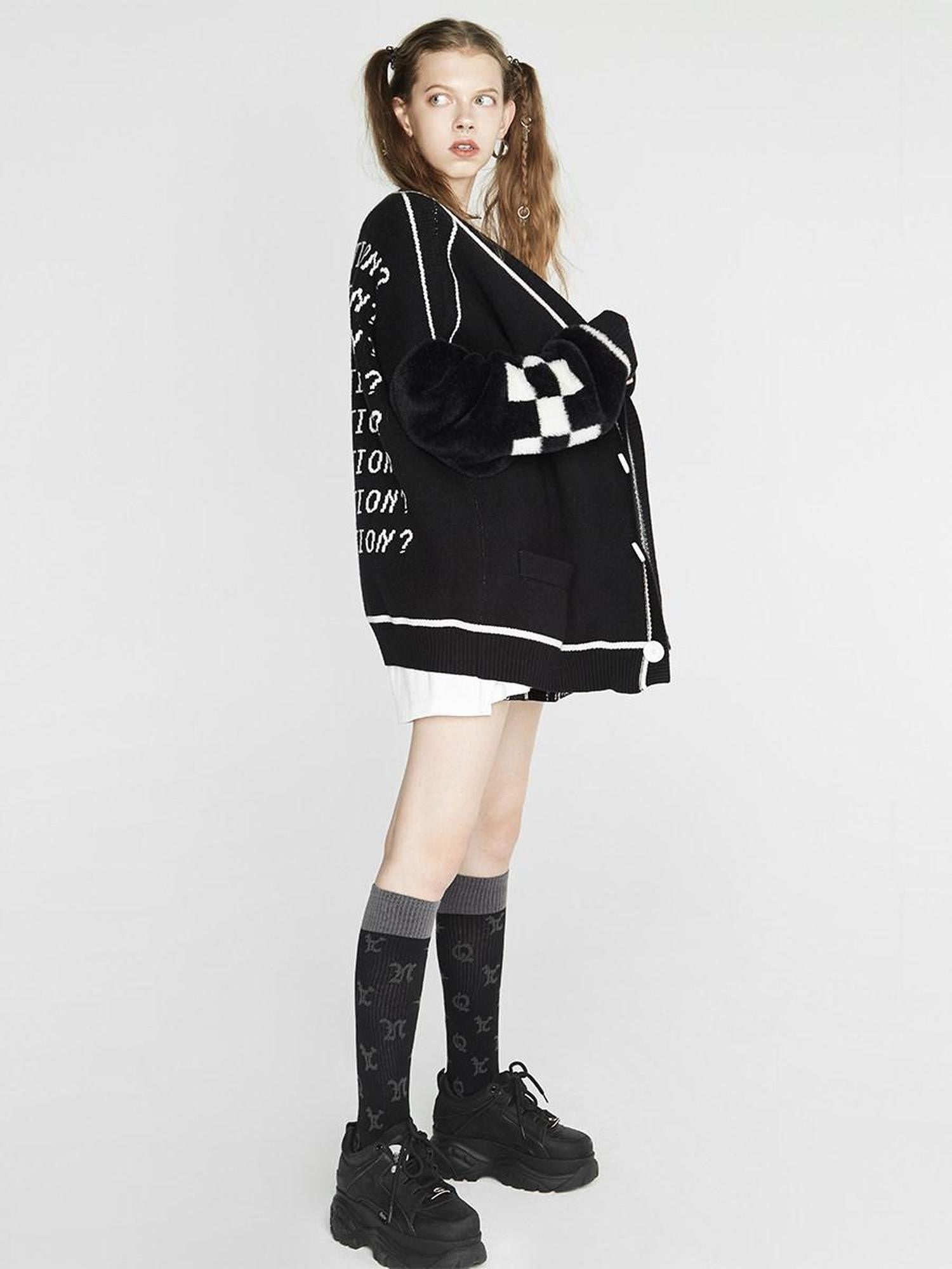 ANYQUESTION Black Gray Lettered Jacquard Ribbed Women&