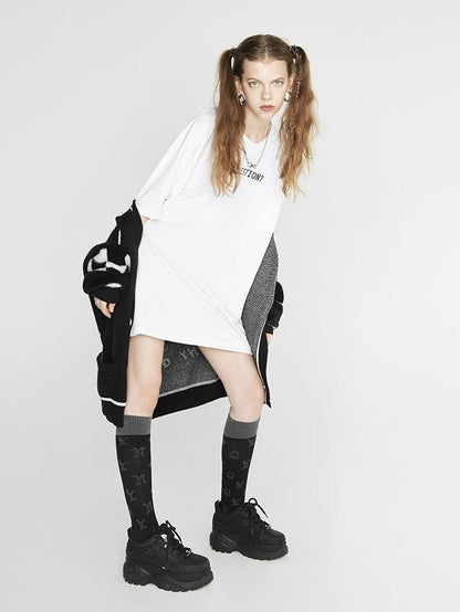 ANYQUESTION Black Gray Lettered Jacquard Ribbed Women&