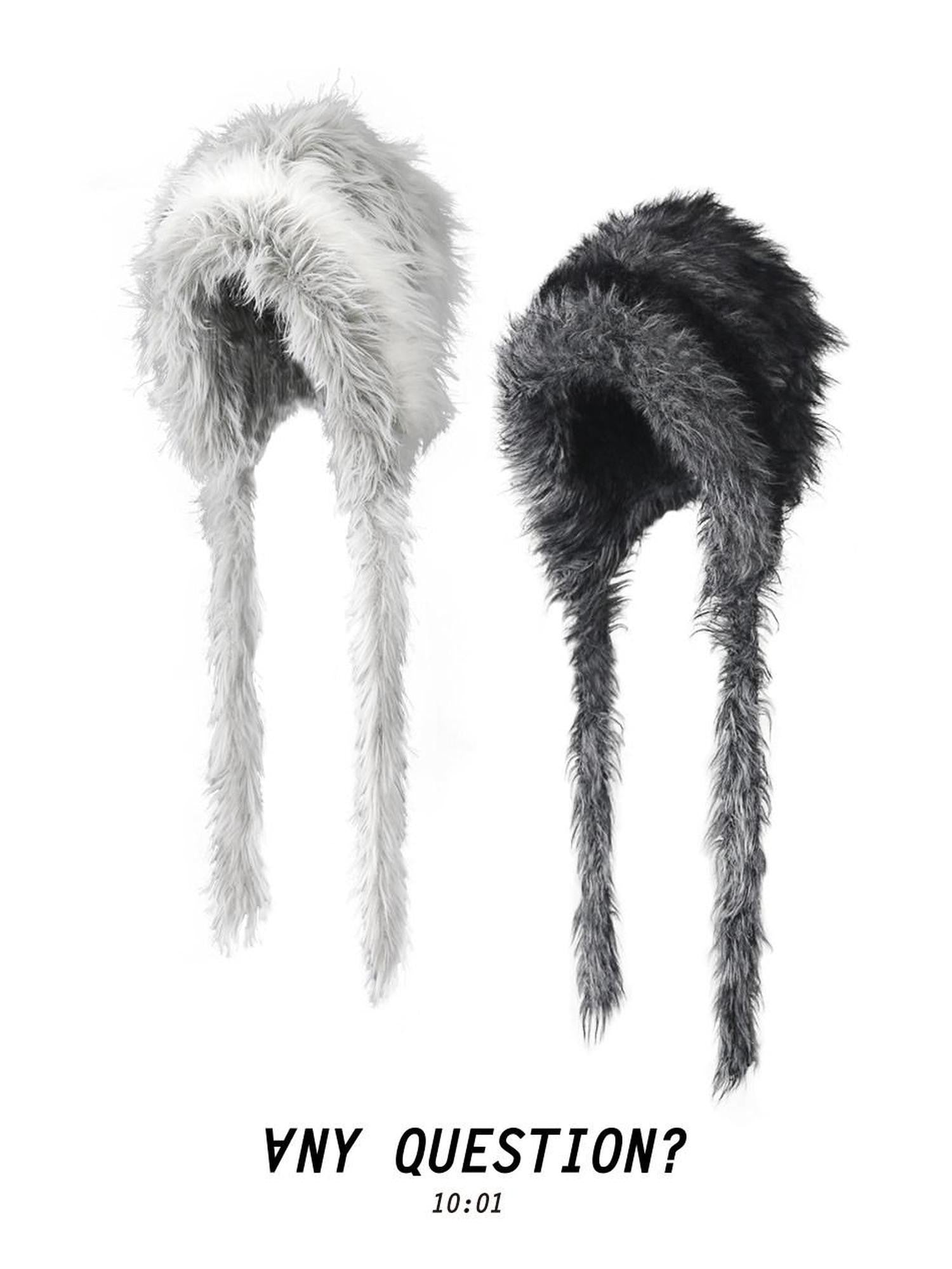 ANYQUESTION Black Gray Long Plush Blended Knitted Ear Flap Women&