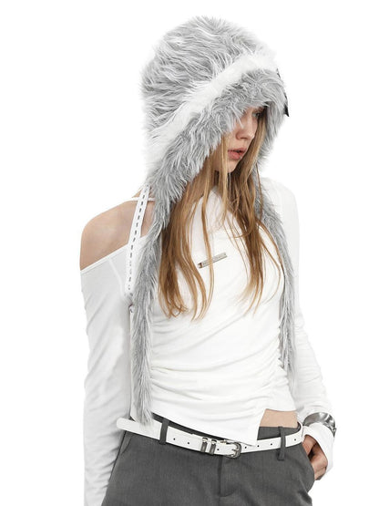 ANYQUESTION Black Gray Long Plush Blended Knitted Ear Flap Women&