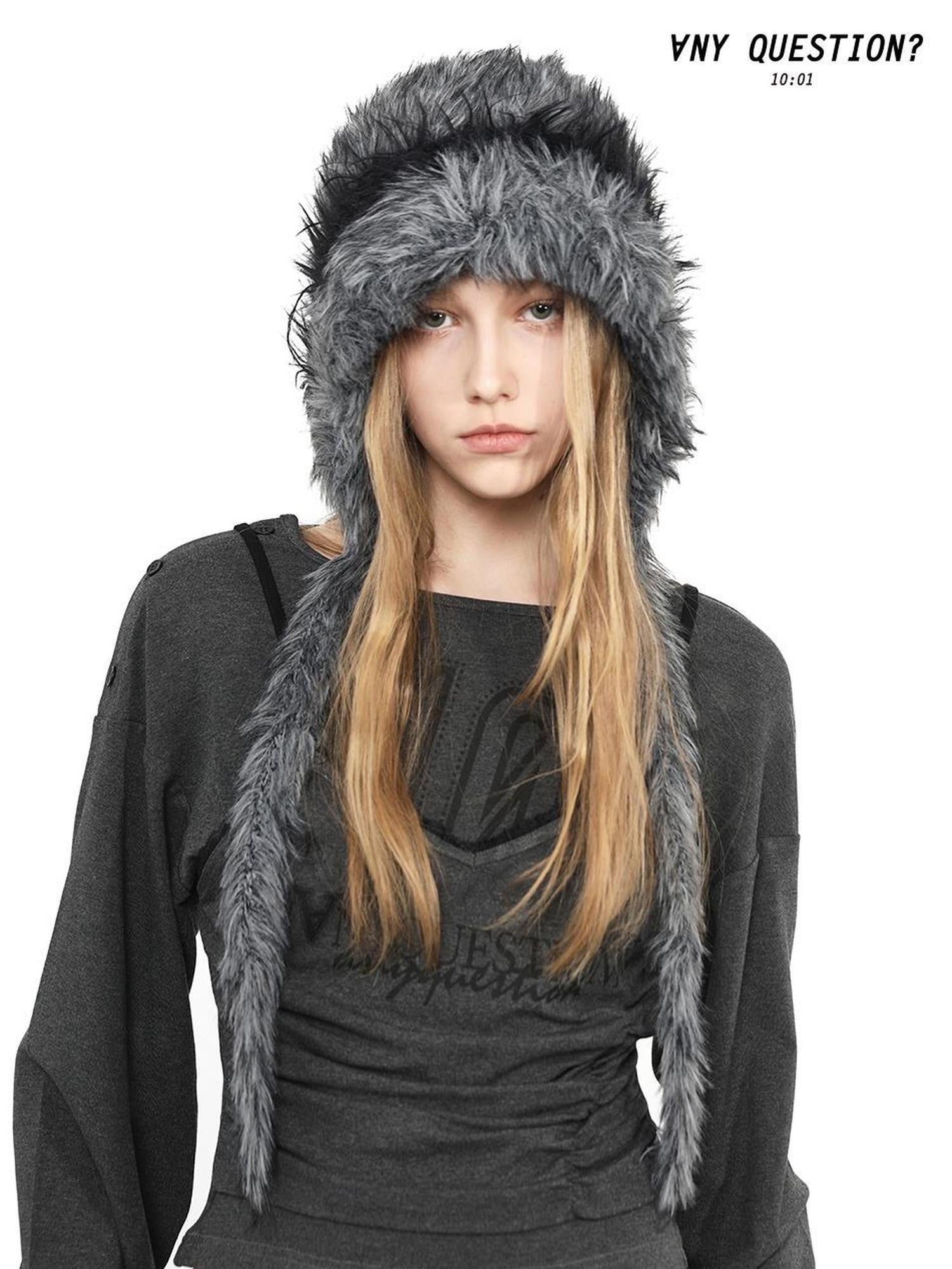 ANYQUESTION Black Gray Long Plush Blended Knitted Ear Flap Women&