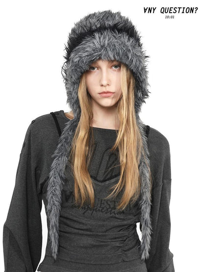 ANYQUESTION Black Gray Long Plush Blended Knitted Ear Flap Women&