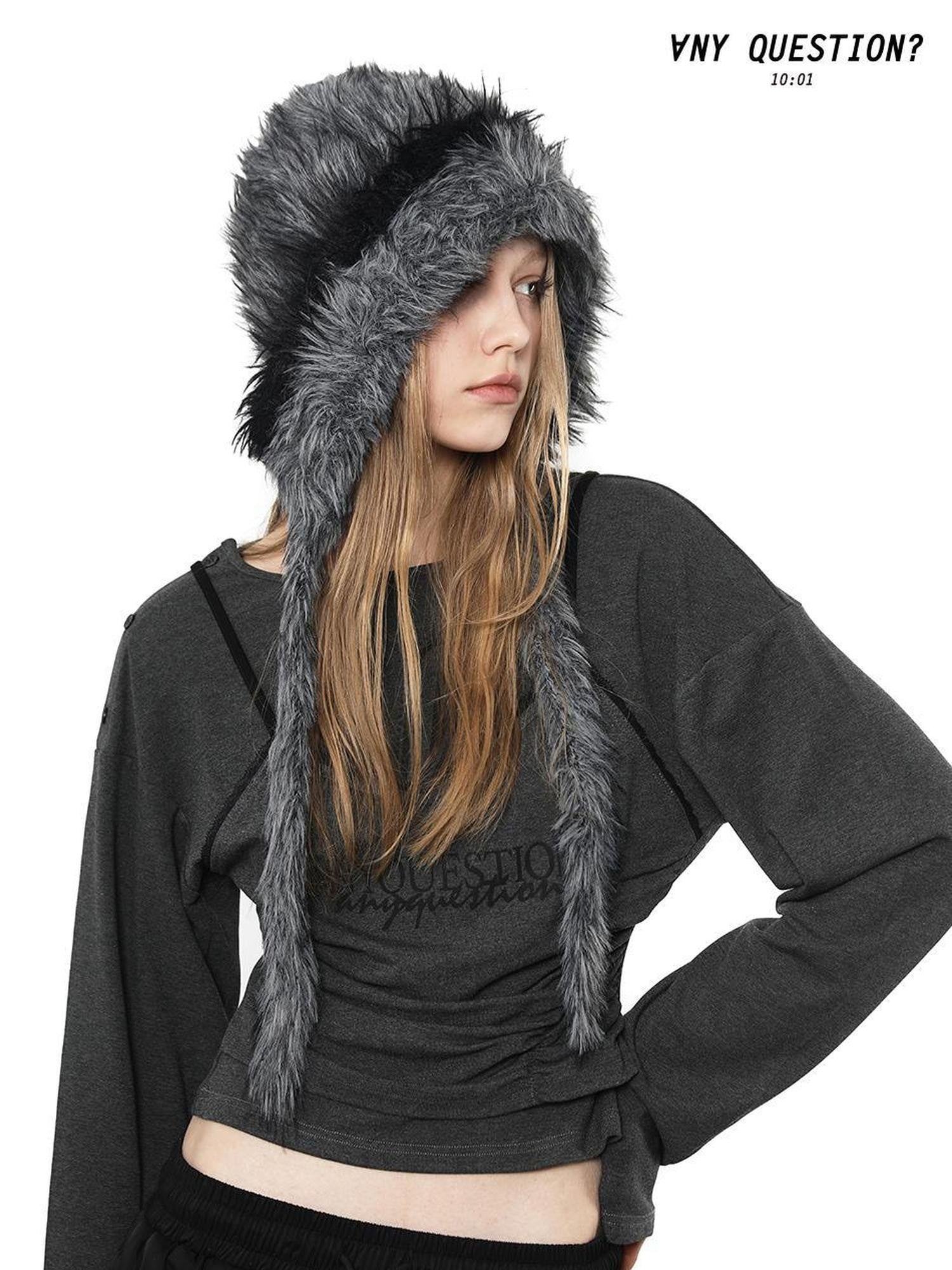 ANYQUESTION Black Gray Long Plush Blended Knitted Ear Flap Women&
