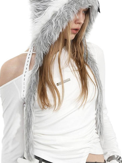 ANYQUESTION Black Gray Long Plush Blended Knitted Ear Flap Women&
