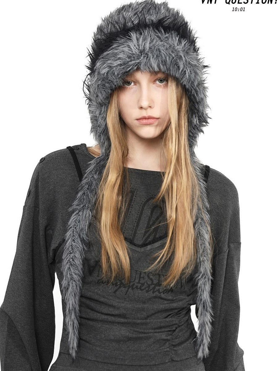 ANYQUESTION Black Gray Long Plush Blended Knitted Ear Flap Women&