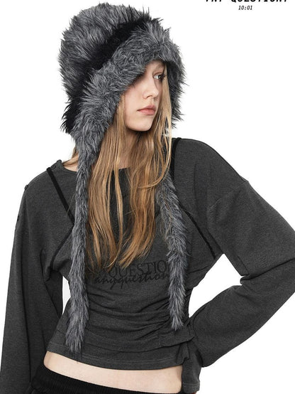 ANYQUESTION Black Gray Long Plush Blended Knitted Ear Flap Women&