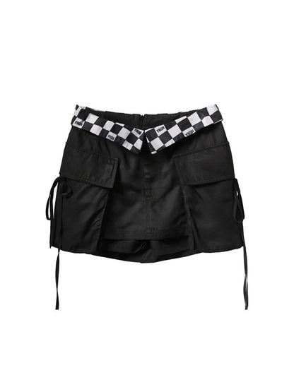 ANYQUESTION_Black_Grey_Checkerboard_Foldover_Waist_Patch_Pocket_Women&