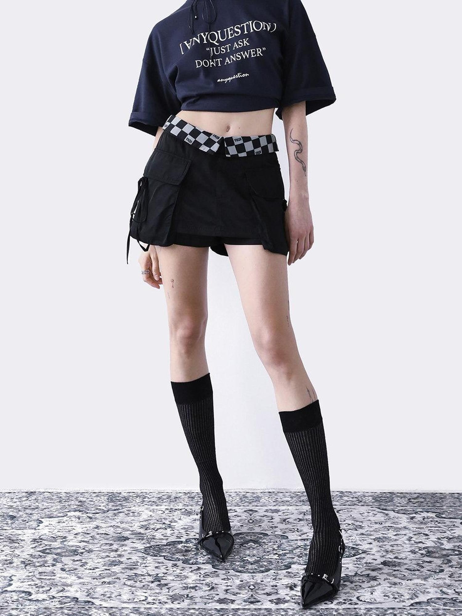 ANYQUESTION Black Grey Checkerboard Foldover Waist Patch Pocket Women&
