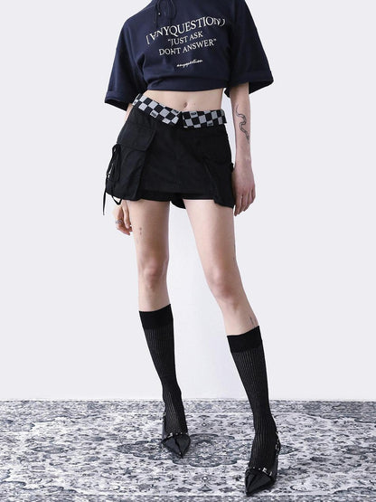 ANYQUESTION Black Grey Checkerboard Foldover Waist Patch Pocket Women&