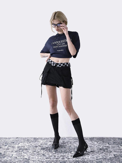 ANYQUESTION Black Grey Checkerboard Foldover Waist Patch Pocket Women&
