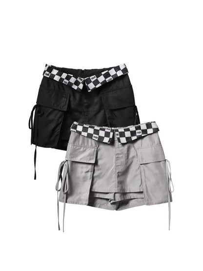 ANYQUESTION Black Grey Checkerboard Foldover Waist Patch Pocket Women&