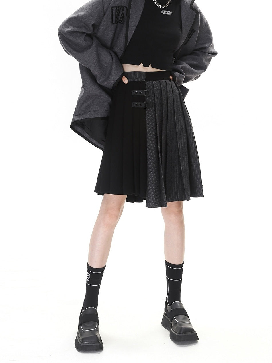 ANYQUESTION_Black_Grey_Colorblock_Asymmetric_Pleated_Women&