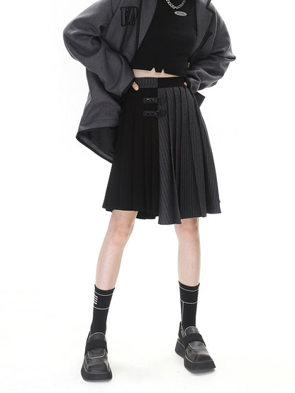 ANYQUESTION_Black_Grey_Colorblock_Asymmetric_Pleated_Women&