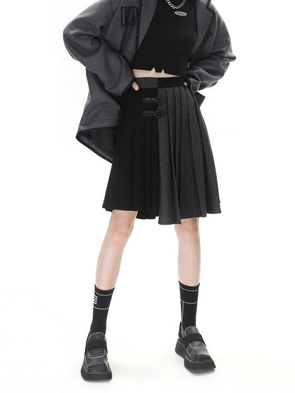 ANYQUESTION Black Grey Colorblock Asymmetric Pleated Women&