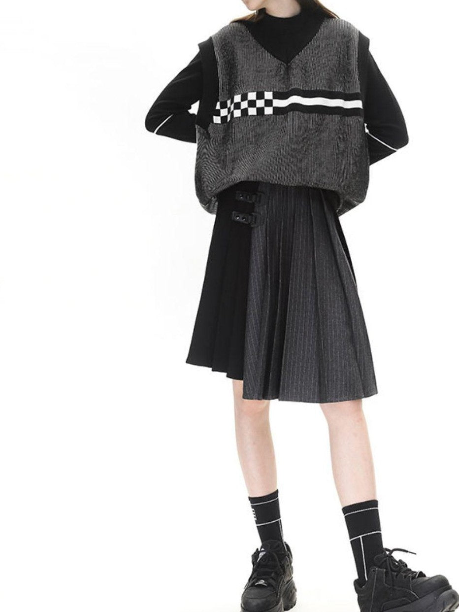 ANYQUESTION Black Grey Colorblock Asymmetric Pleated Women&