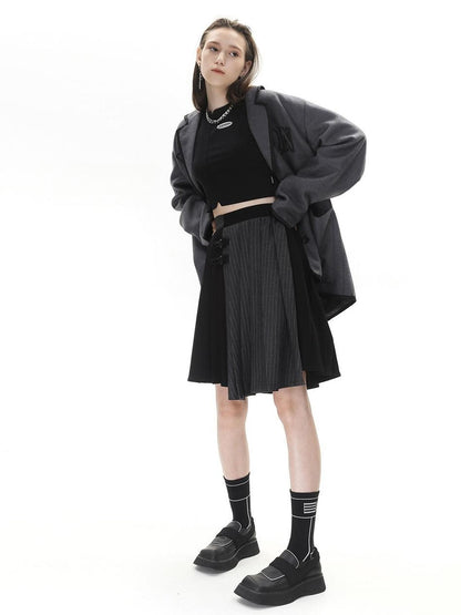 ANYQUESTION Black Grey Colorblock Asymmetric Pleated Women&