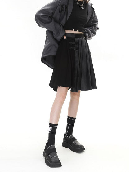 ANYQUESTION Black Grey Colorblock Asymmetric Pleated Women&