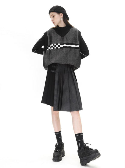 ANYQUESTION Black Grey Colorblock Asymmetric Pleated Women&