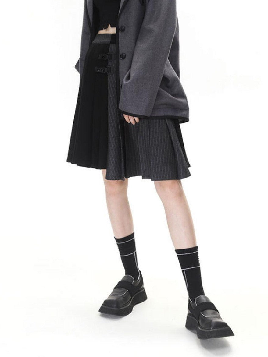 ANYQUESTION Black Grey Colorblock Asymmetric Pleated Women&