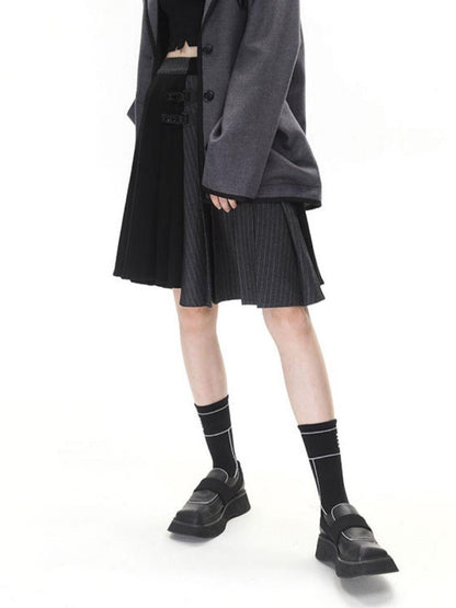ANYQUESTION Black Grey Colorblock Asymmetric Pleated Women&