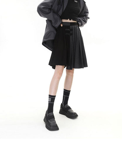 ANYQUESTION Black Grey Colorblock Asymmetric Pleated Women&
