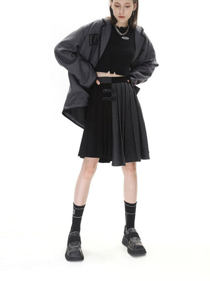 ANYQUESTION Black Grey Colorblock Asymmetric Pleated Women&