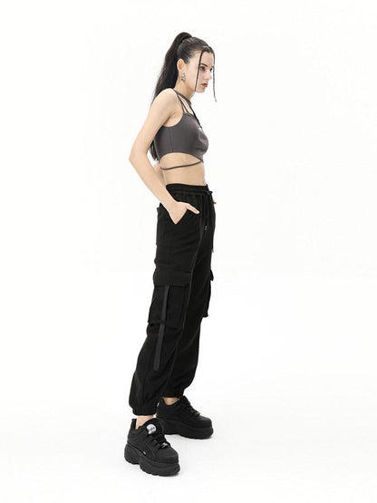 ANYQUESTION Black Grey Deconstructed Panel Round Neck Thin Strap Fitted Women&