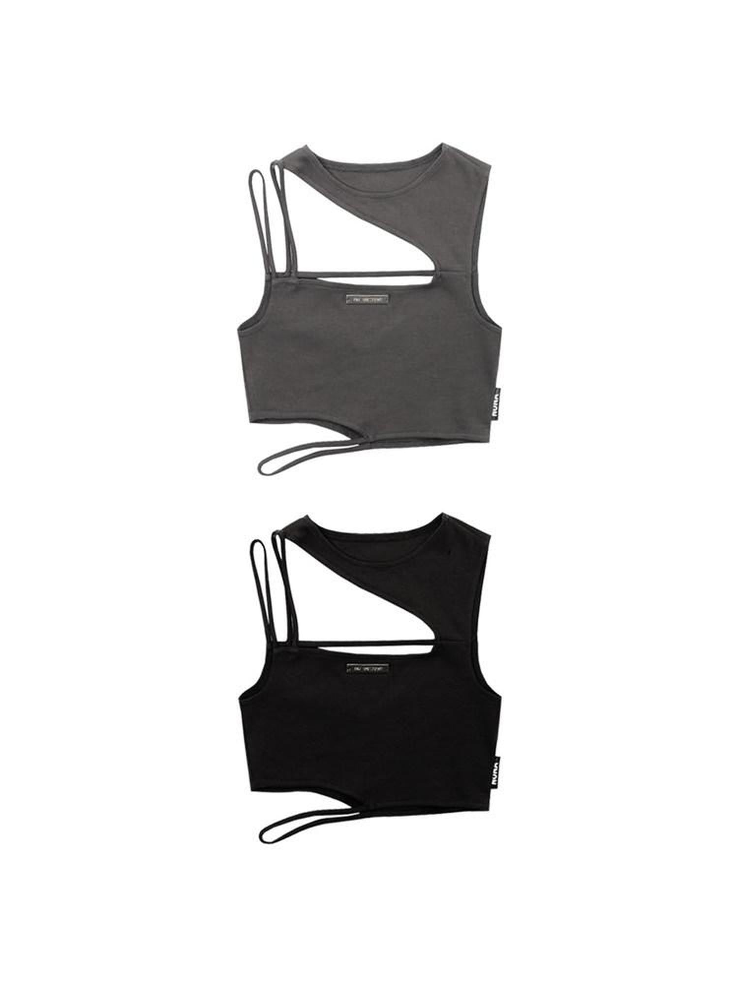 ANYQUESTION Black Grey Deconstructed Panel Round Neck Thin Strap Fitted Women&