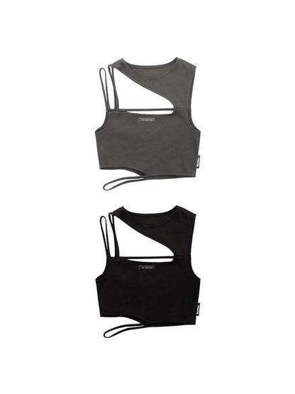 ANYQUESTION Black Grey Deconstructed Panel Round Neck Thin Strap Fitted Women&
