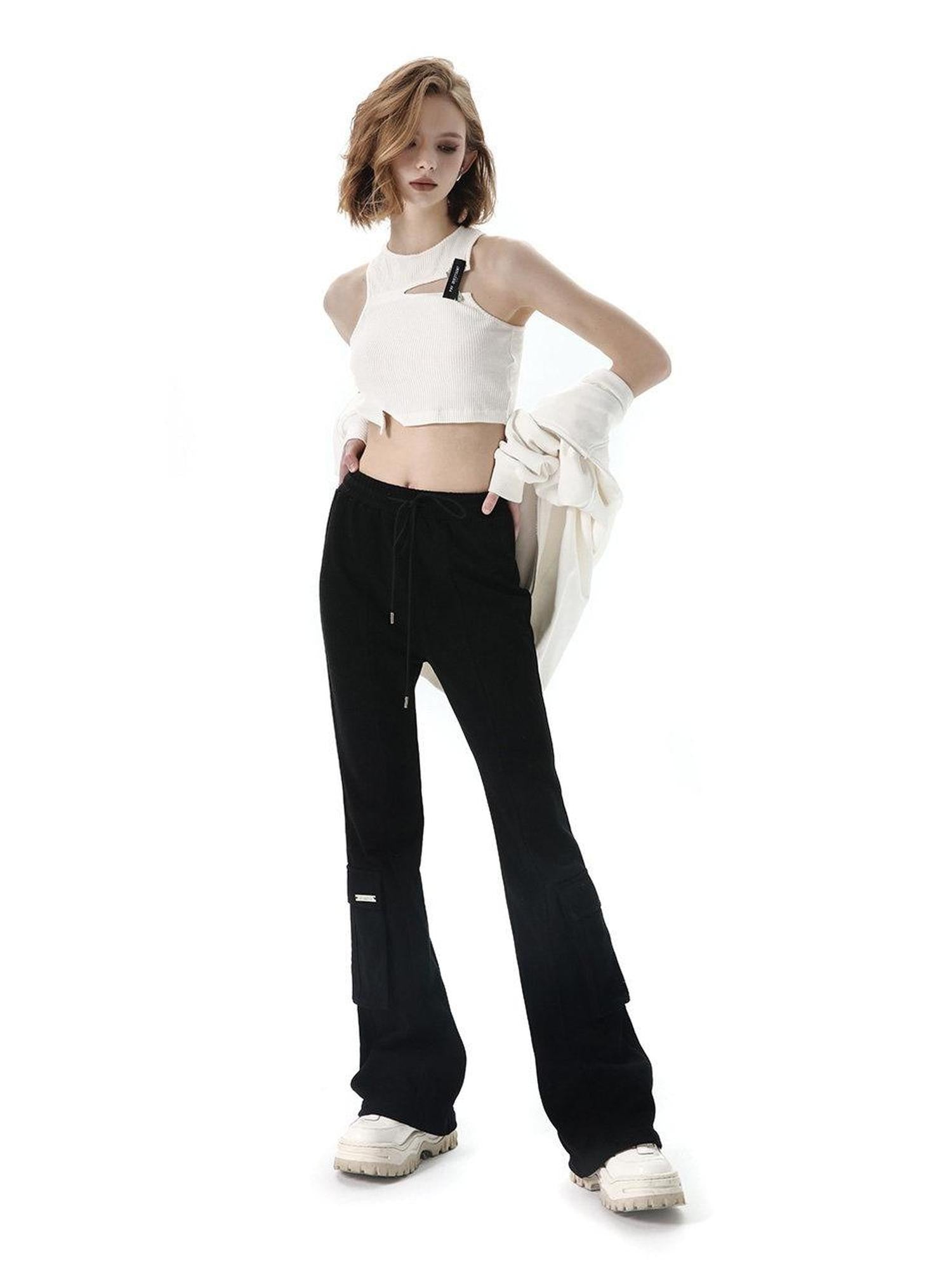 ANYQUESTION Black Grey Elastic Waist Patch Pocket Women&