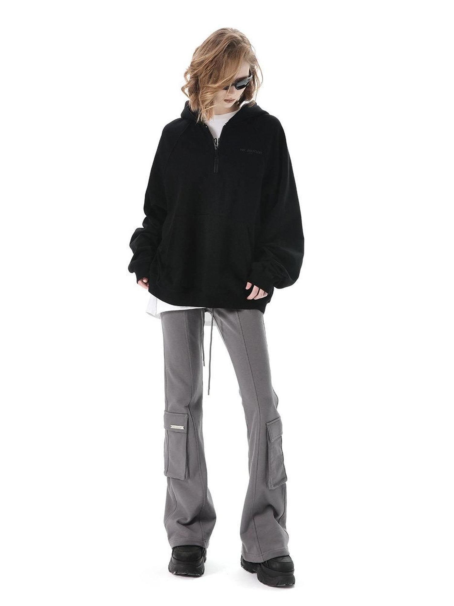 ANYQUESTION Black Grey Elastic Waist Patch Pocket Women&