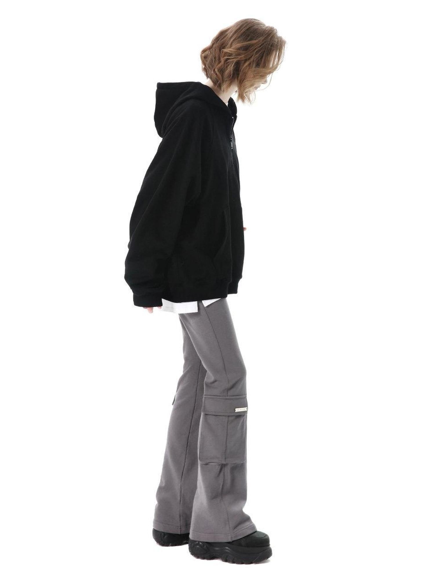 ANYQUESTION Black Grey Elastic Waist Patch Pocket Women&