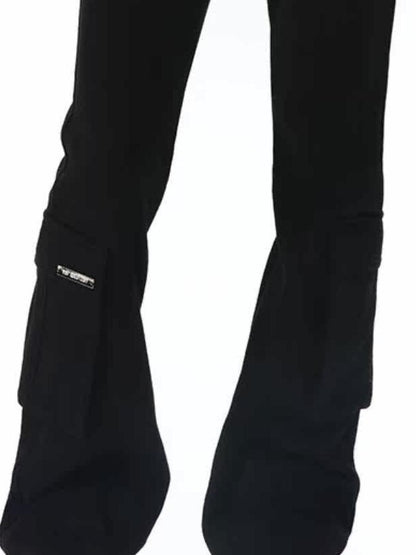 ANYQUESTION Black Grey Elastic Waist Patch Pocket Women&