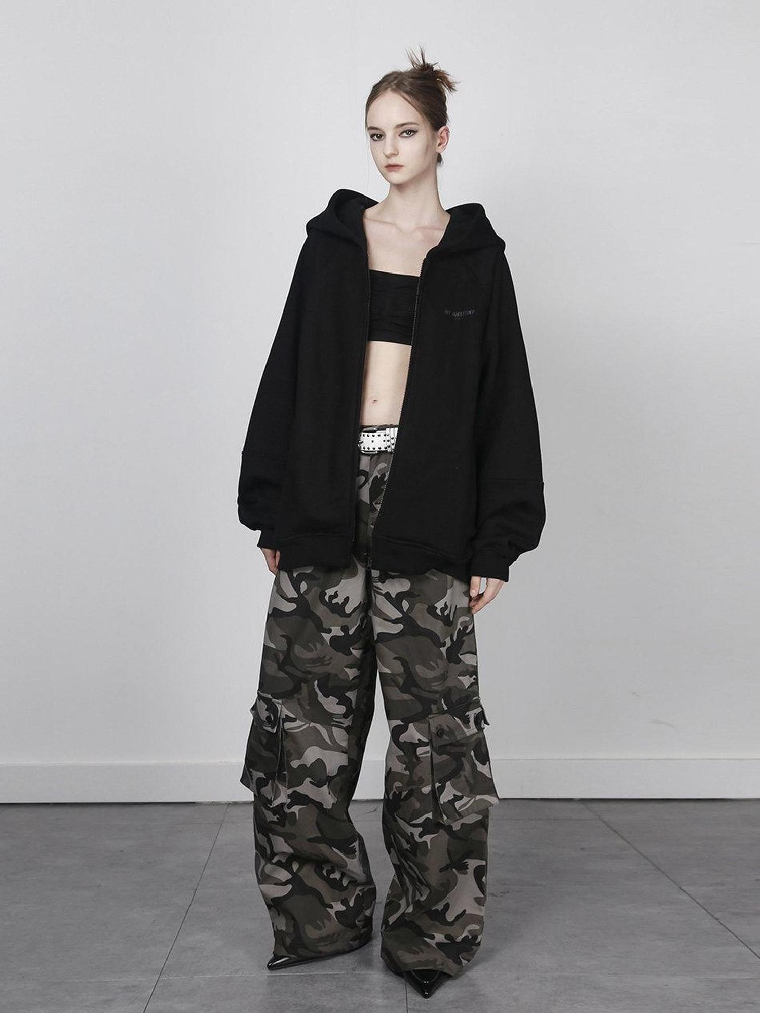 ANYQUESTION Black Grey Oversized Zip Long Sleeve Loose Women&