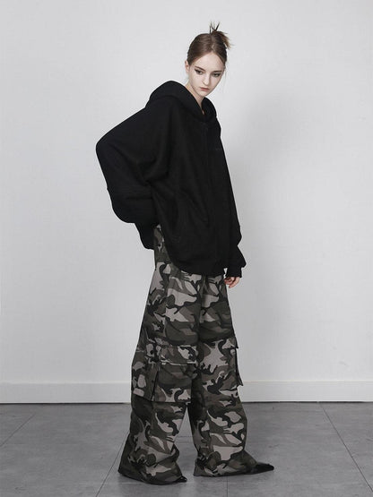 ANYQUESTION Black Grey Oversized Zip Long Sleeve Loose Women&