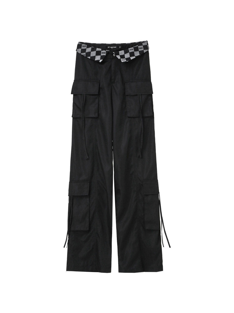 ANYQUESTION_Black_Grey_Plaid_Foldover_Waistband_Loose_Workwear_Women&
