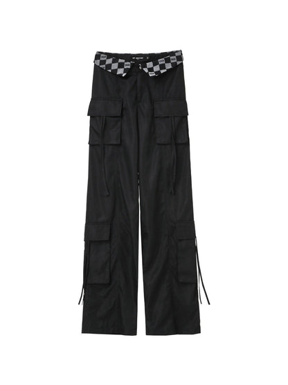 ANYQUESTION_Black_Grey_Plaid_Foldover_Waistband_Loose_Workwear_Women&