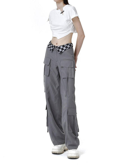 ANYQUESTION Black Grey Plaid Foldover Waistband Loose Workwear Women&