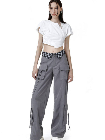 ANYQUESTION Black Grey Plaid Foldover Waistband Loose Workwear Women&