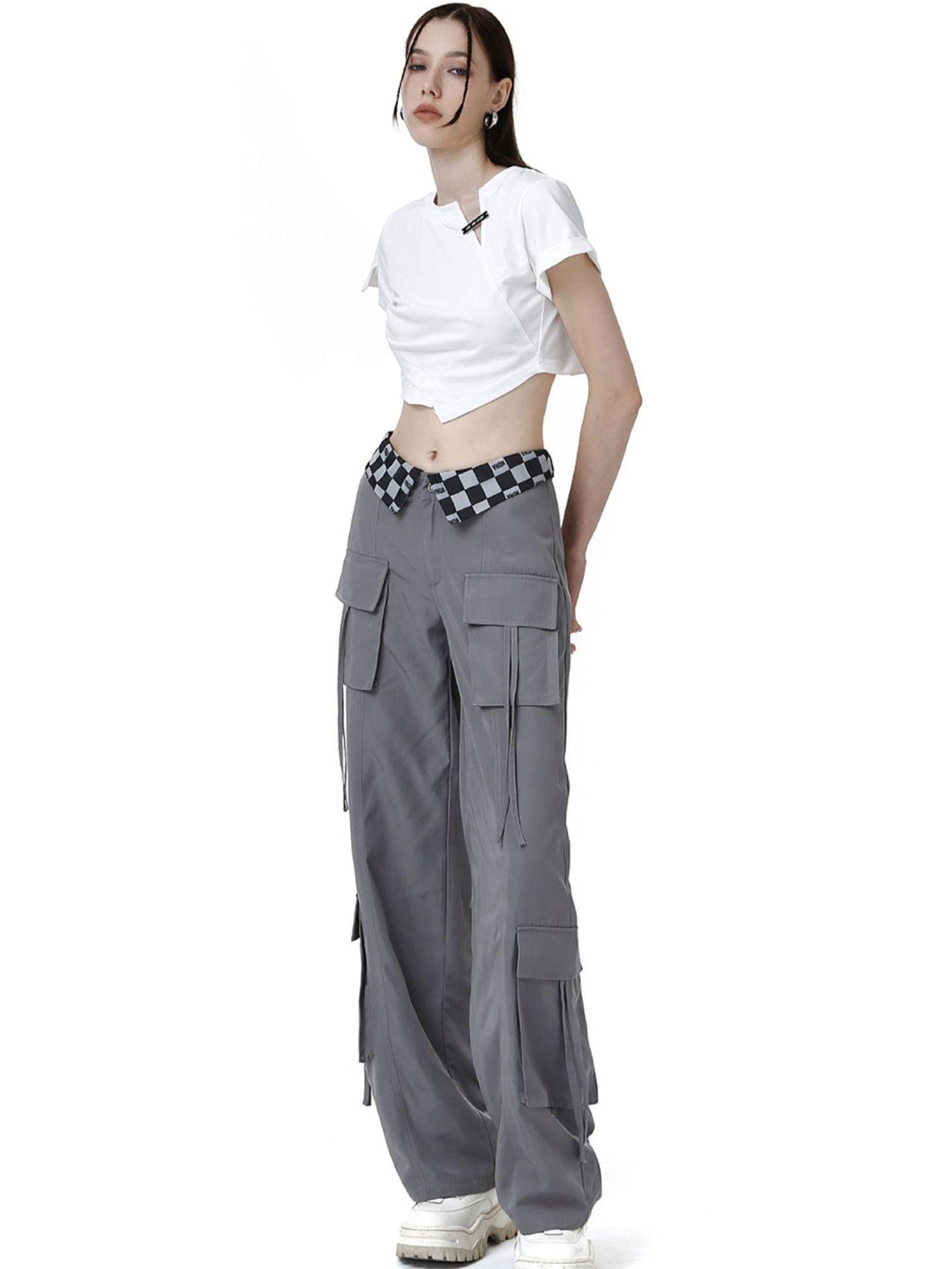 ANYQUESTION Black Grey Plaid Foldover Waistband Loose Workwear Women&