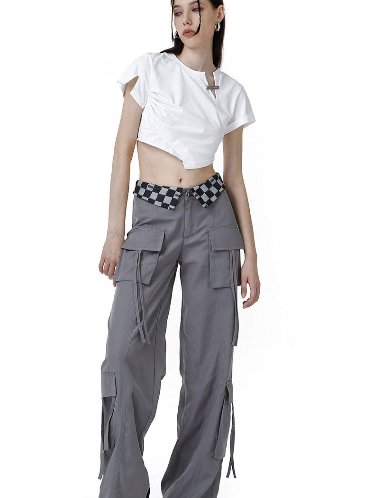 ANYQUESTION Black Grey Plaid Foldover Waistband Loose Workwear Women&